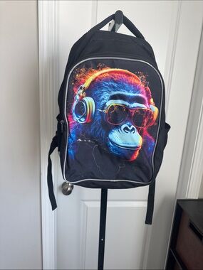 Black Headphones Graphic Backpack with Neon Blue & Orange Ape Print